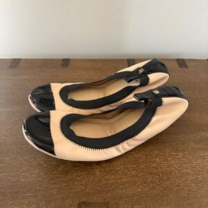 Yosi Samra Samantha Beige Black Leather Cap Toe Foldable Ballet Flats Womens 9